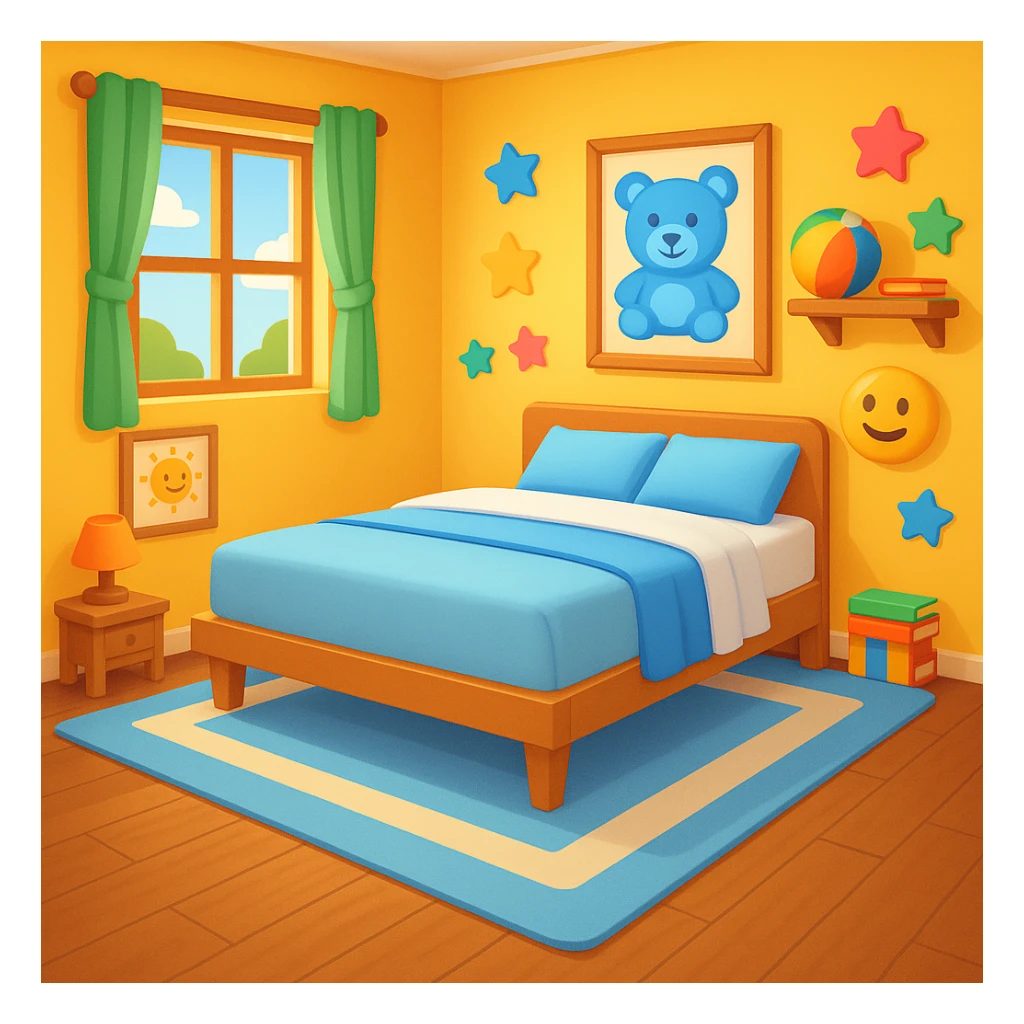 Add a colorful bedroom background with bright walls, playful decorations, and a cozy rug. Keep the room tidy and inviting in emoji style sticker