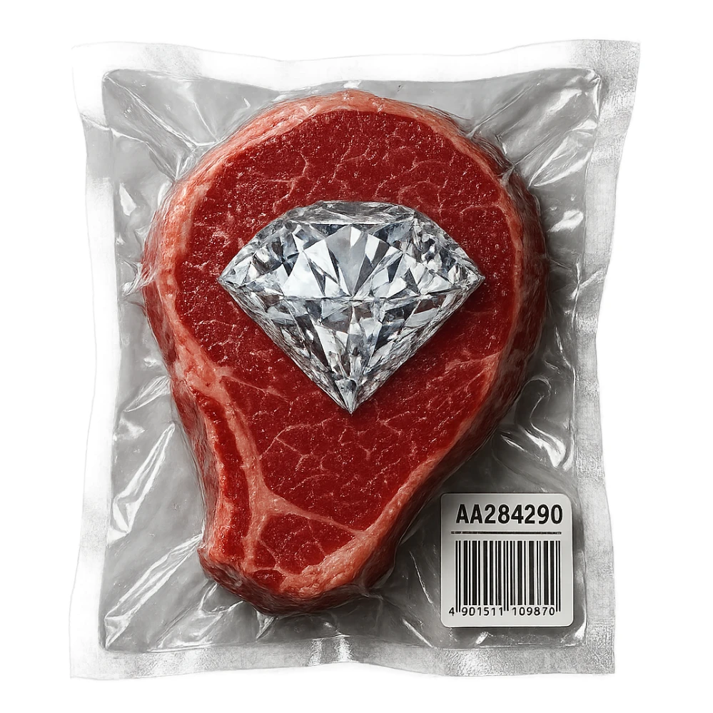 meat steak with sparkling diamond facets, glossy and puffy, vacuum-sealed style sticker