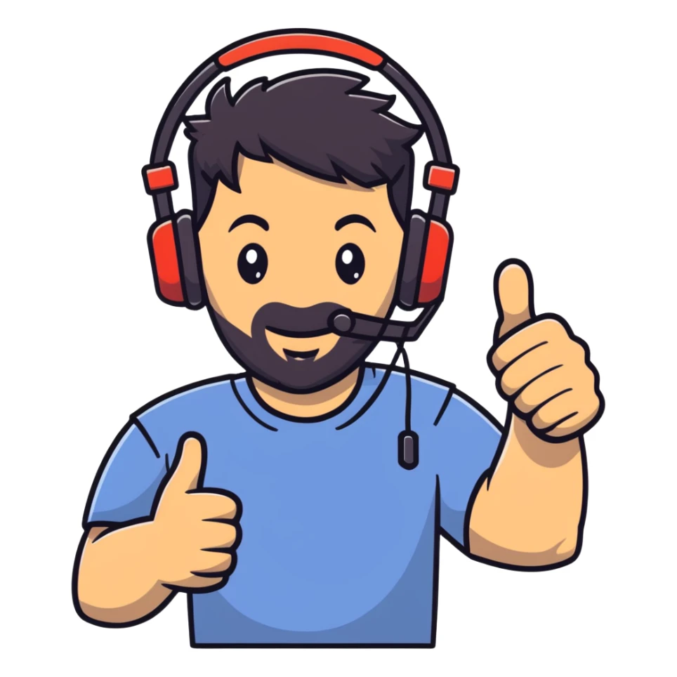 Man with black hair, brown eyes, and black beard wearing gaming headset giving a thumbs up gesture sticker