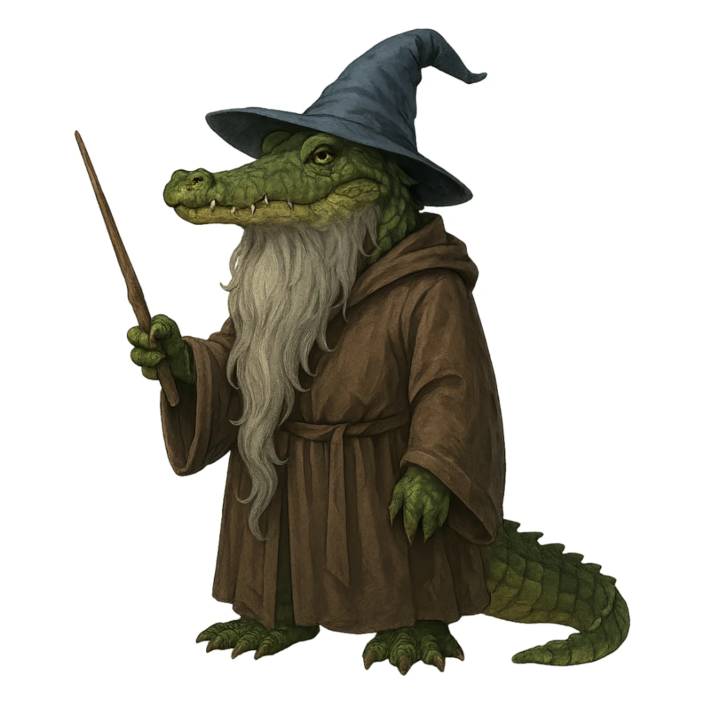 alligator wizard with a long beard and robe, holding a wand sticker