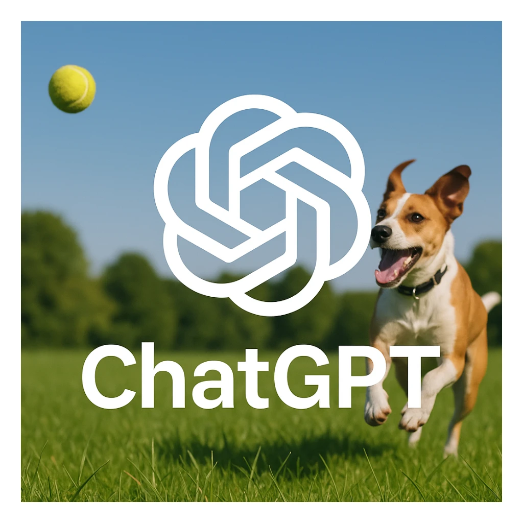 chat gpt image logo on the background of a dog chasing ball sticker