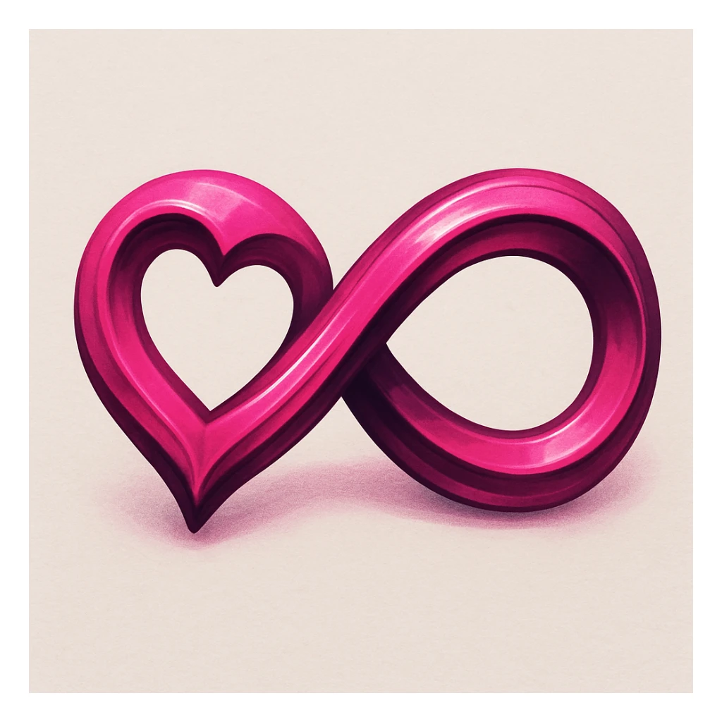 A pink infinity symbol with very expressive, deep shadows and highlights, the heart integrated into the left loop of the infinity, blending smoothly with the overall shape. sticker