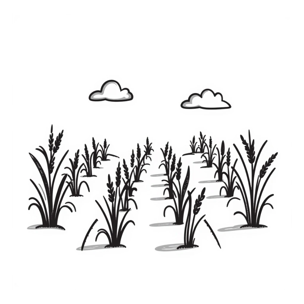 hand-drawn rice plants in a field, traditional look sticker