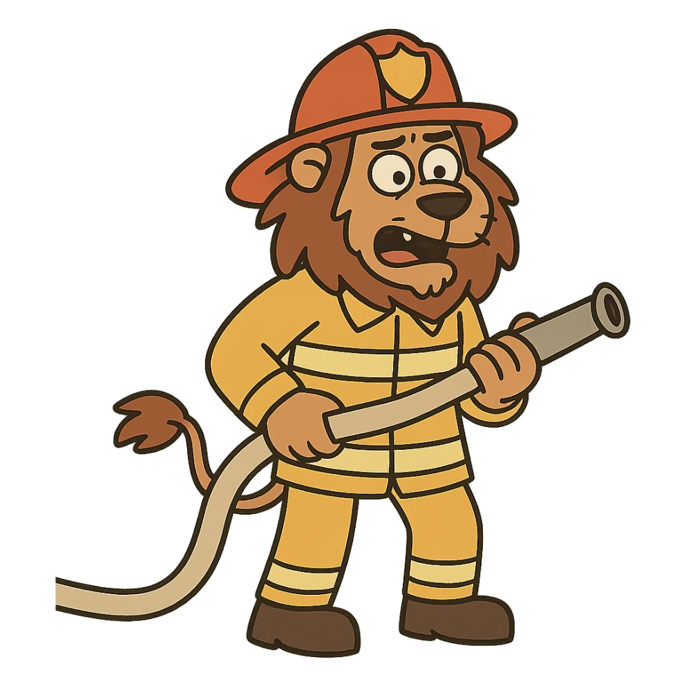 lion fireman holding a hose, cartoon style sticker