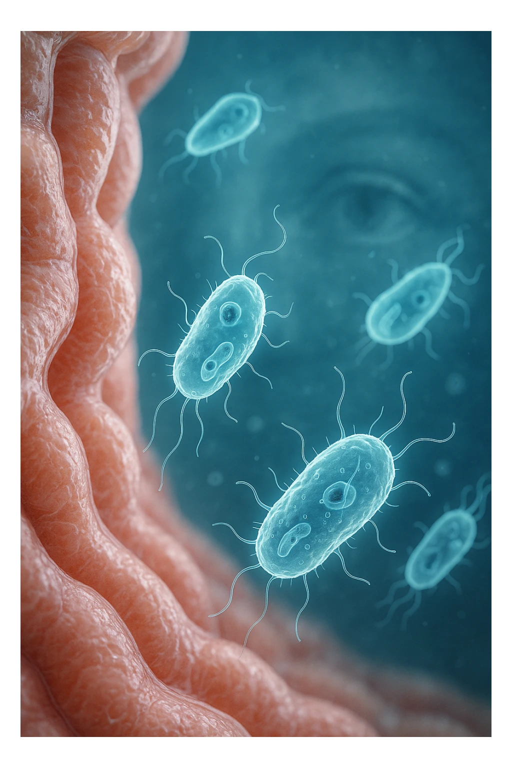 A detailed macro-style image of a translucent human intestinal wall under extreme magnification. Floating nearby are multiple protozoa — small, semi-transparent, shapeshifting organisms with flagella or cilia, glowing faintly under the microscope. In contrast, a faded overlay silhouette of a human eye is shown in the background, symbolizing how these organisms are invisible to unaided vision. The scene is softly lit with cool bluish tones, evoking a clinical and microscopic atmosphere. Focus is hyper-sharp on the protozoa, with blurred organic tissue textures in the background. Educational yet haunting, it shows how much remains unseen inside the body sticker