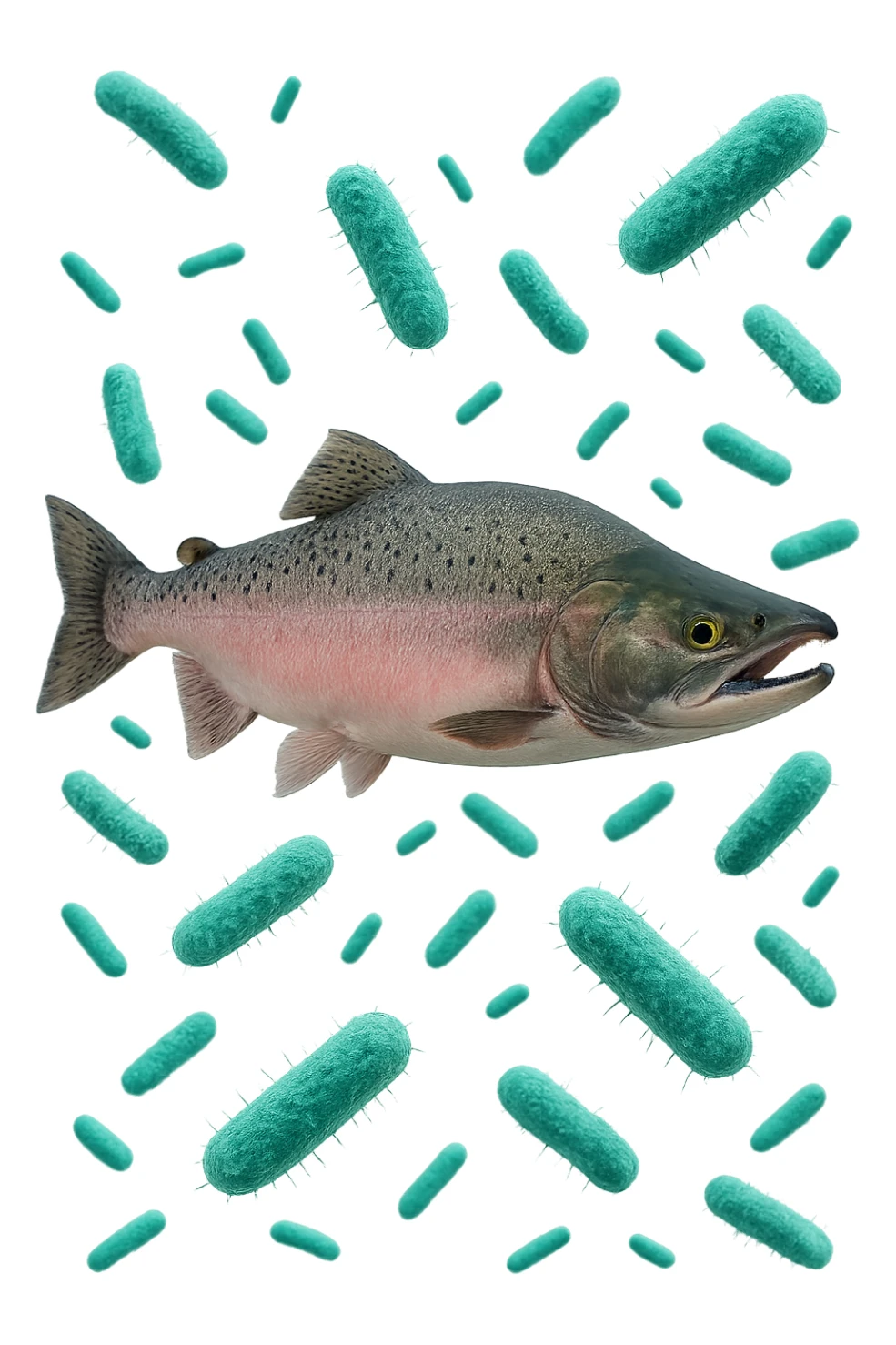batteri intestinali rosa salmone e turchesi fluttuano in aria, iperrealistici 4k sticker