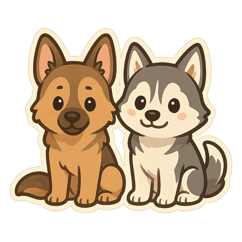 chibi sticker of two dogs, one German Shepherd and one Husky, sitting together, inspired by the reference photo sticker