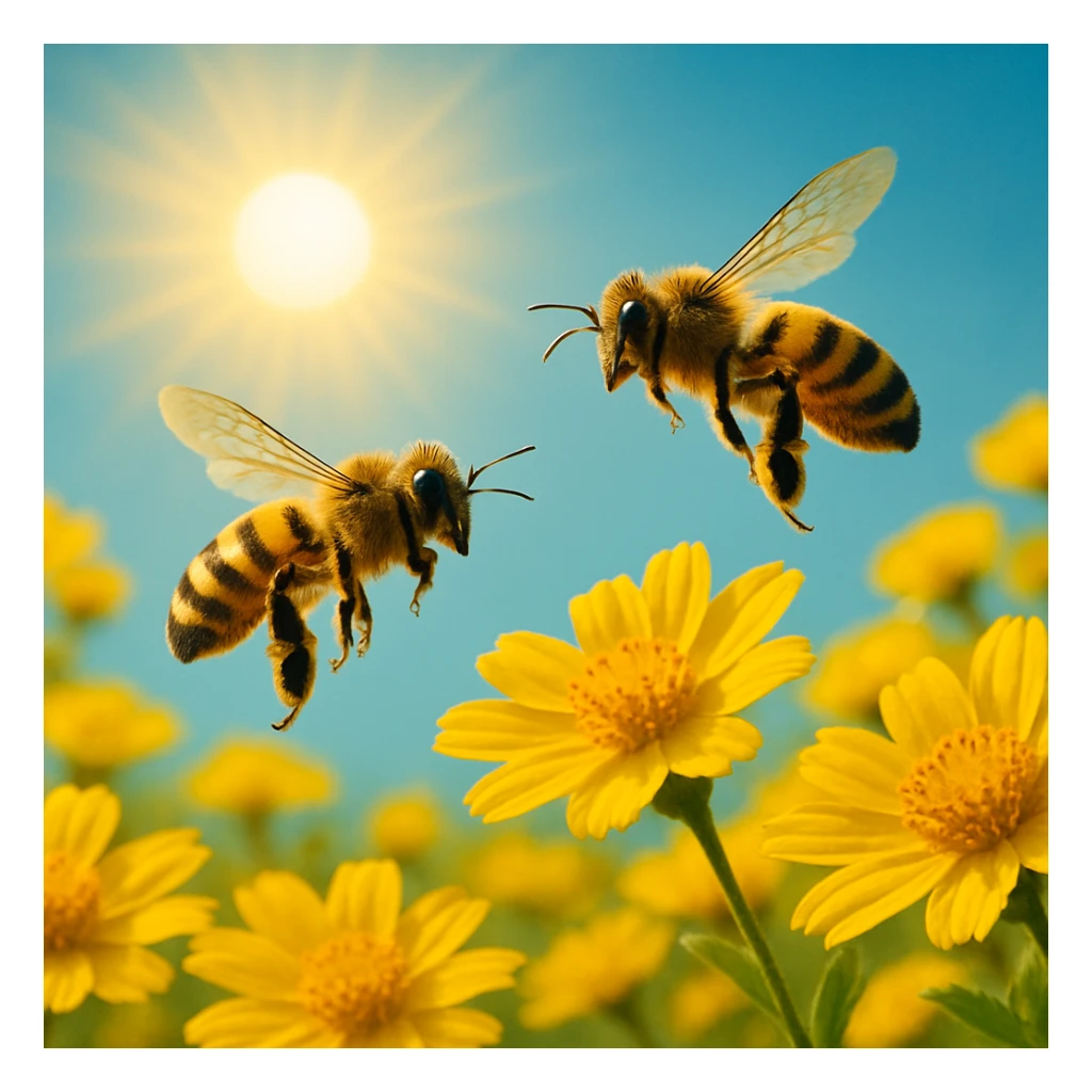 Two bees flying over yellow flowers with a sun in the background, vibrant yellow flowers and bright sun, black and yellow bees, variation 1 sticker