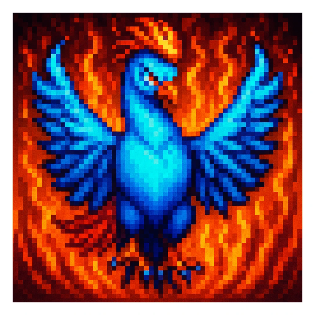 Add a fiery background with flames to the cool phoenix, keep the pixel art style with pixelated details and limited color palette. sticker