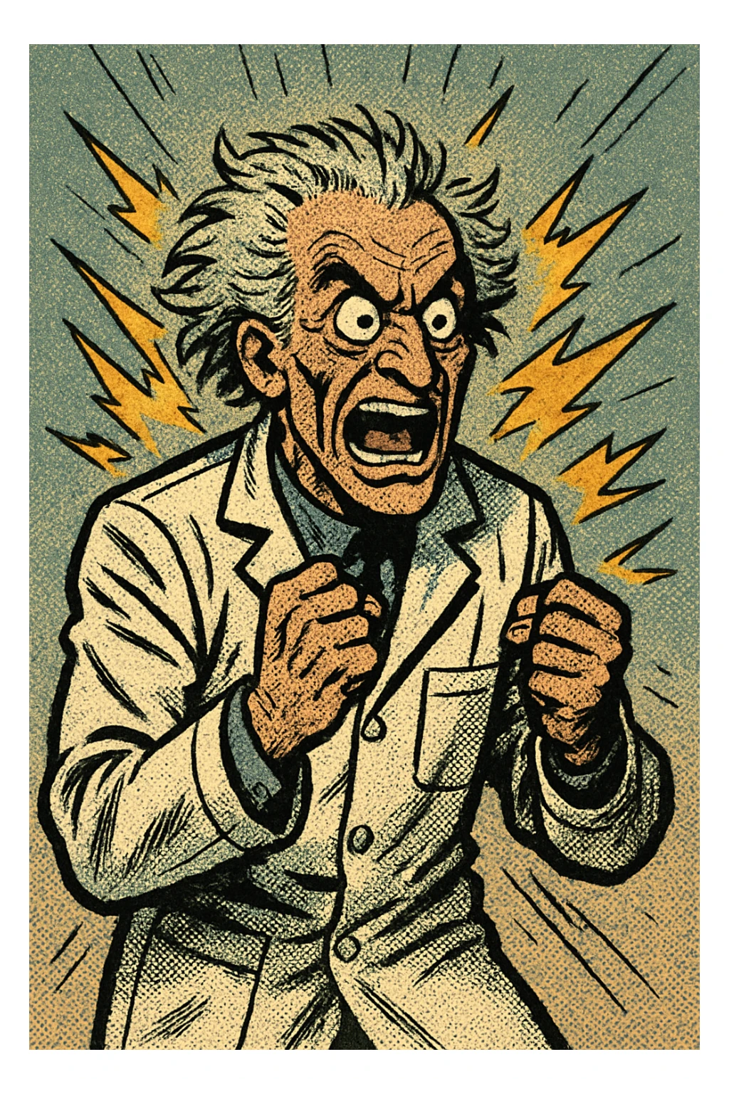 mad genius with wild hair, lab coat, sparks flying, exaggerated features, comic book style sticker