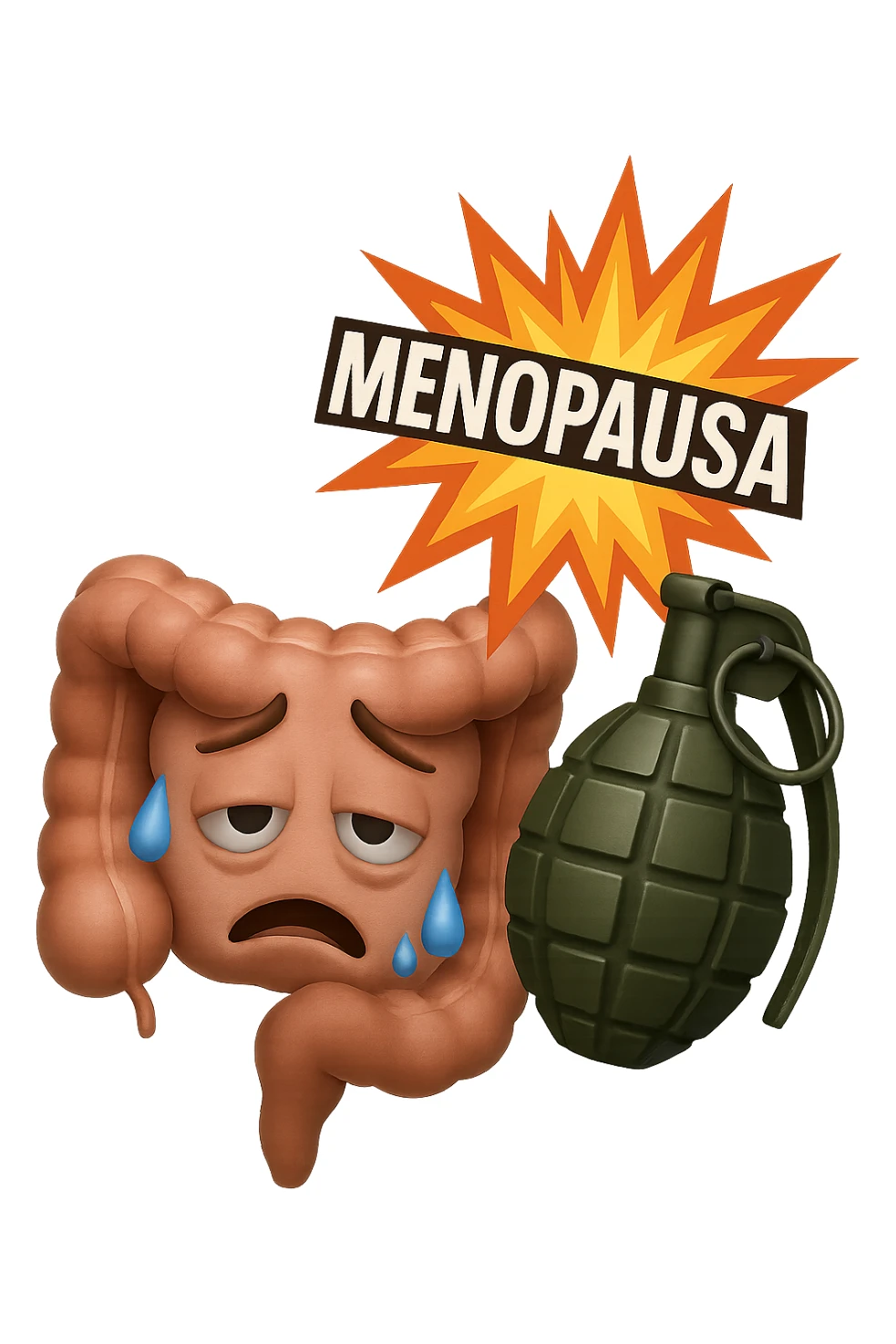 EMOJI STILE IPHONE 3D DI INTESTINO SFINITO CON ESPRESSIONE STANCA, ACCANTO A LUI SCOPPIA UNA GRANATA 3D CON LA SCRITTA "MENOPAUSA" SOPRA sticker