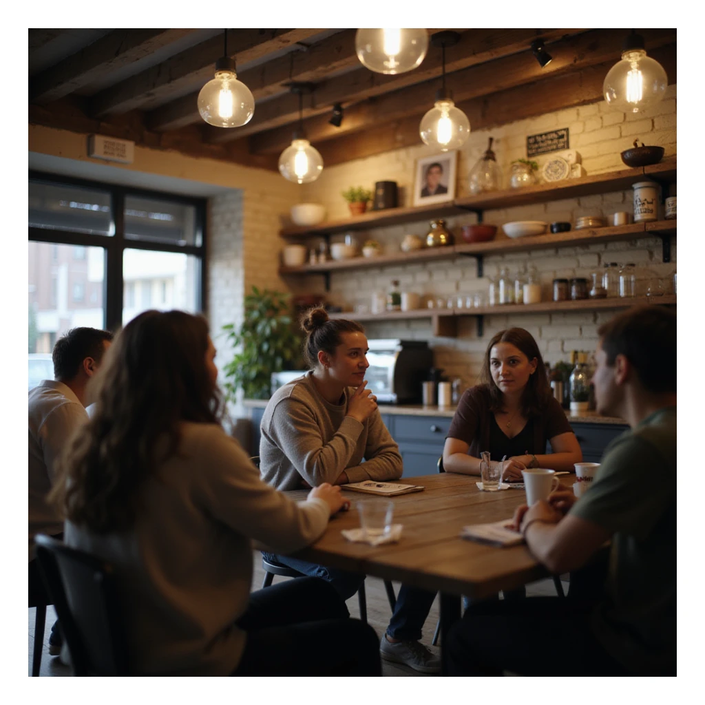 a person talking to a group in a cafe sticker