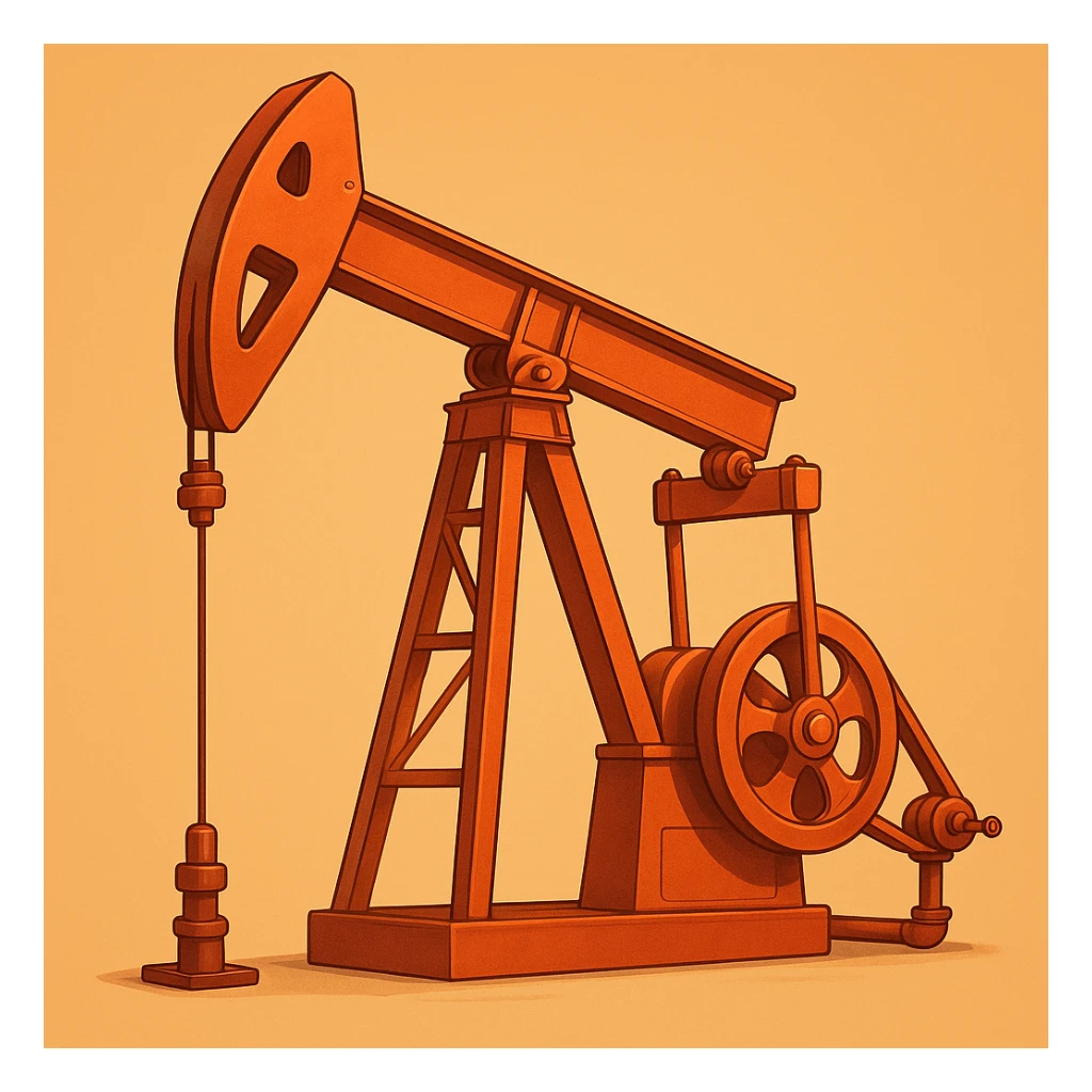 Сгенерируй мне нефтекачалку в мультяшный реалистичный стиль, мягкий тёплый свет, чистые контуры, детализировано, гладкая цифровая отрисовка, оранжево-красная цветовая палитра. На однородном фоне  sticker