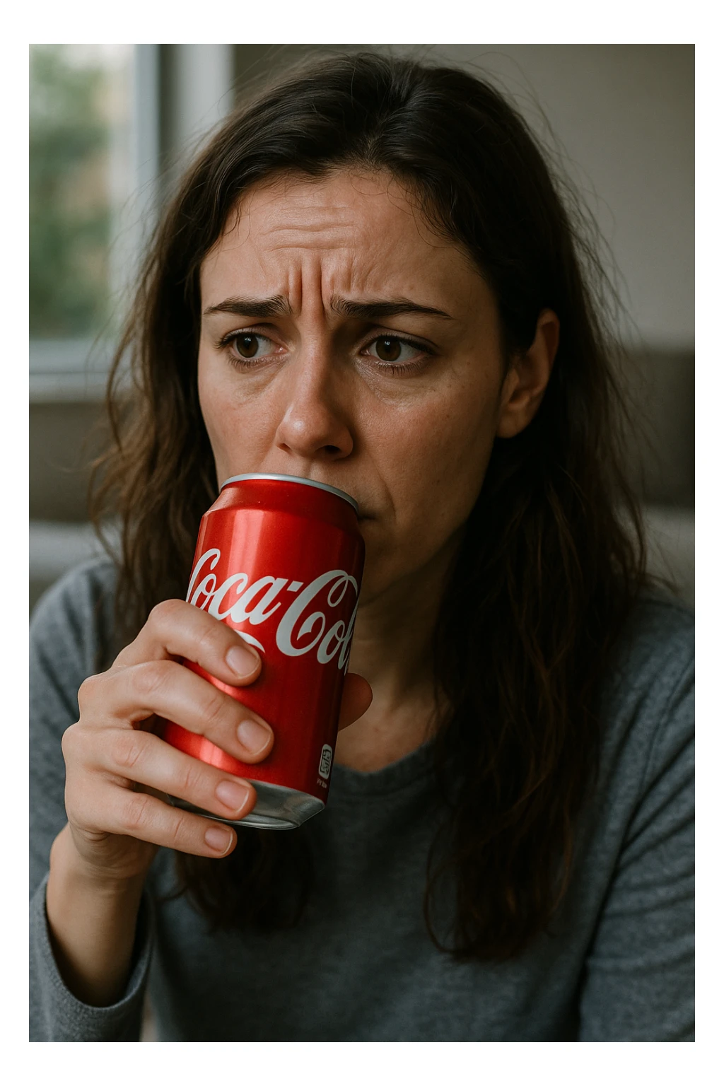 donna con ansia. Che beve coca cola. Immagini realistiche sticker