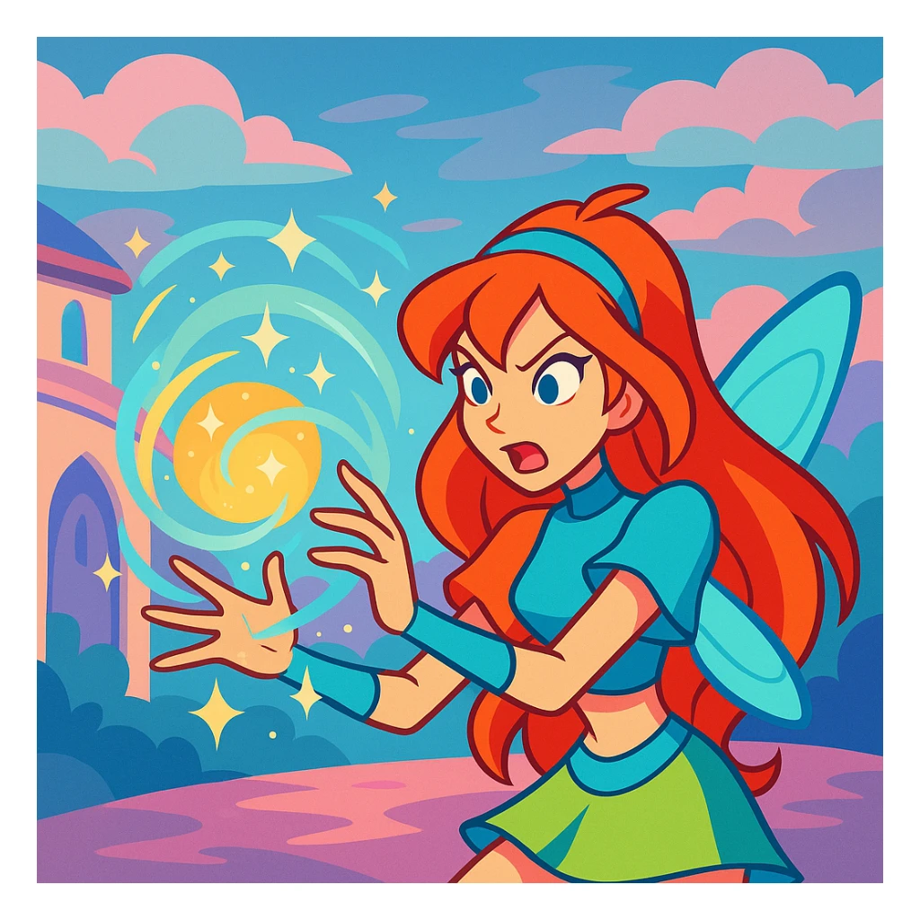 Winx Club Bloom, casting a spell, magical energy, expressive face, fantasy illustration sticker