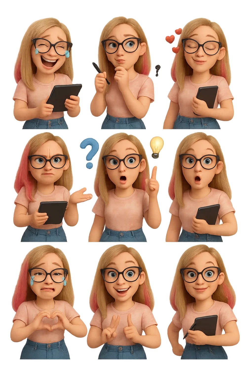 «Создай набор из 12 наклеек в стиле 3D cartoon  женского персонажа (30 лет выглядит моложе)  с прямыми светло русыми волосами до лопаток, яркие розовые пряди в волосах), светлой кожей, большими выразительными голубыми глазами, черные очки для зрения формы кошачий глаз, нос чуть с горбинкой.
Персонаж должен носить пастельную розово-бежевую тай дай футболку, голубые джинсы фасона мом, персонаж должен иметь разные выражения: смех до слез, задумчивость, влюбленность (с сердцами вокруг головы), злость с паром из носа, растерянность (со знаком вопроса), наличие идеи (с зажженной лампочкой), плач со слезами из глаз, удивление с открытым ртом, улыбка и  подмигивание, знак мира рукой, создание сердца руками, бегство со всех ног. Размер картинки не ограниченный, чтобы все наклейки вместились без обрезки. Стиль мультяшный  DreamWorks, мягкий свет, прозрачный фон, и добавь персонажу в руки графический планшет следи чтобы выглядело органично, красиво, не нарушая законы природы и физики, можешь добавить в другую руку перо от графического планшета, если это будет позволять смысл стикера» sticker