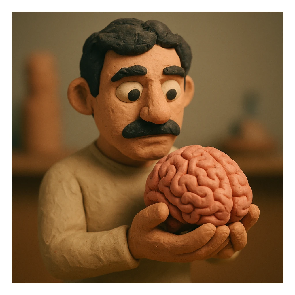 a dark-haired man with a mustache holding a brain, claymation style, soft lighting, visible fingerprints sticker