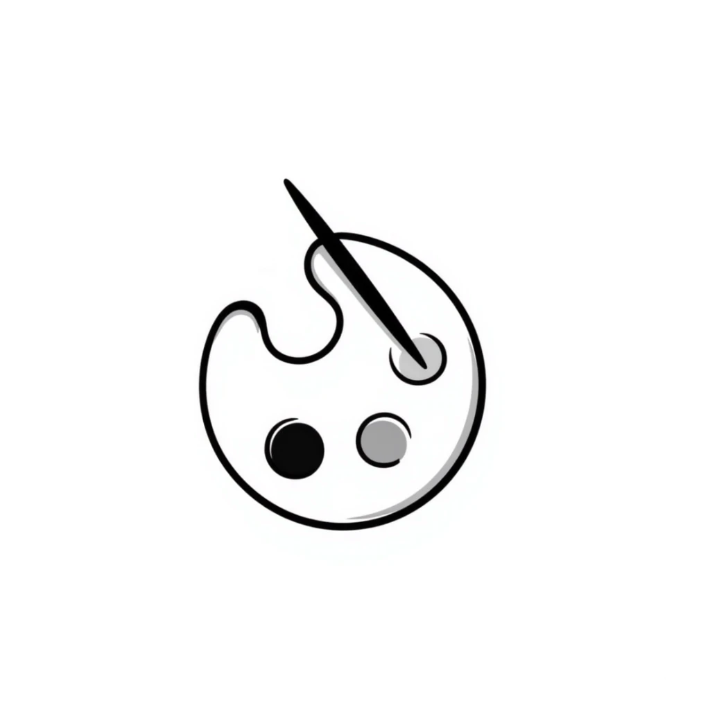 An artist's paint palette with thumb hole and paint colors in pastel colors (dd9fb0, ffc6d3, a3bfc9, c4bee2, f1b091), hand-drawn doodle style sticker