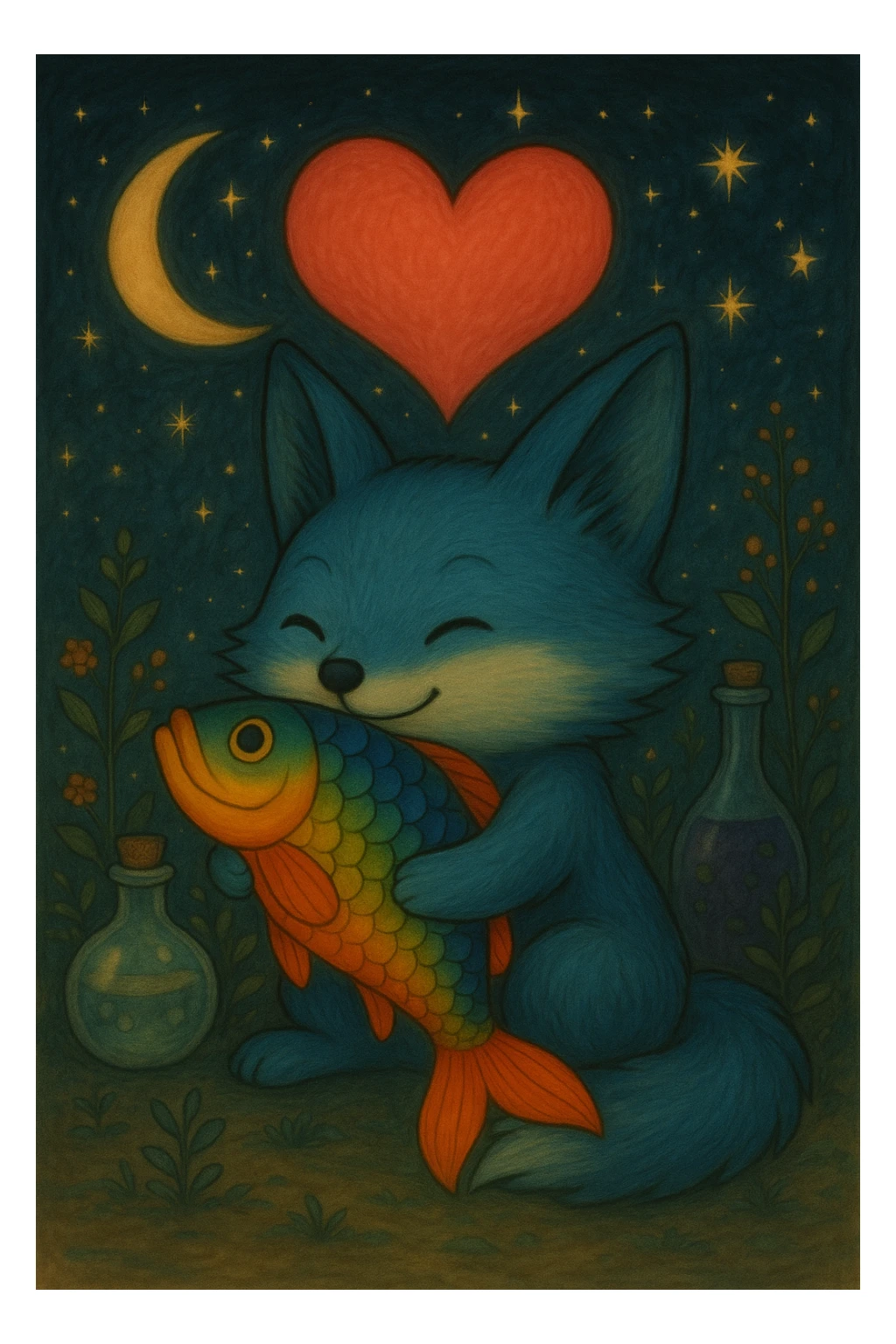 Add a magical, witchy background with stars, crescent moon, and potion bottles behind the blue fox hugging the rainbow fish with a big pink heart, in ghibli style. sticker