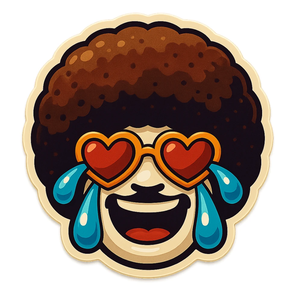 White circle face, afro, heart glasses, laughing with large tears sticker
