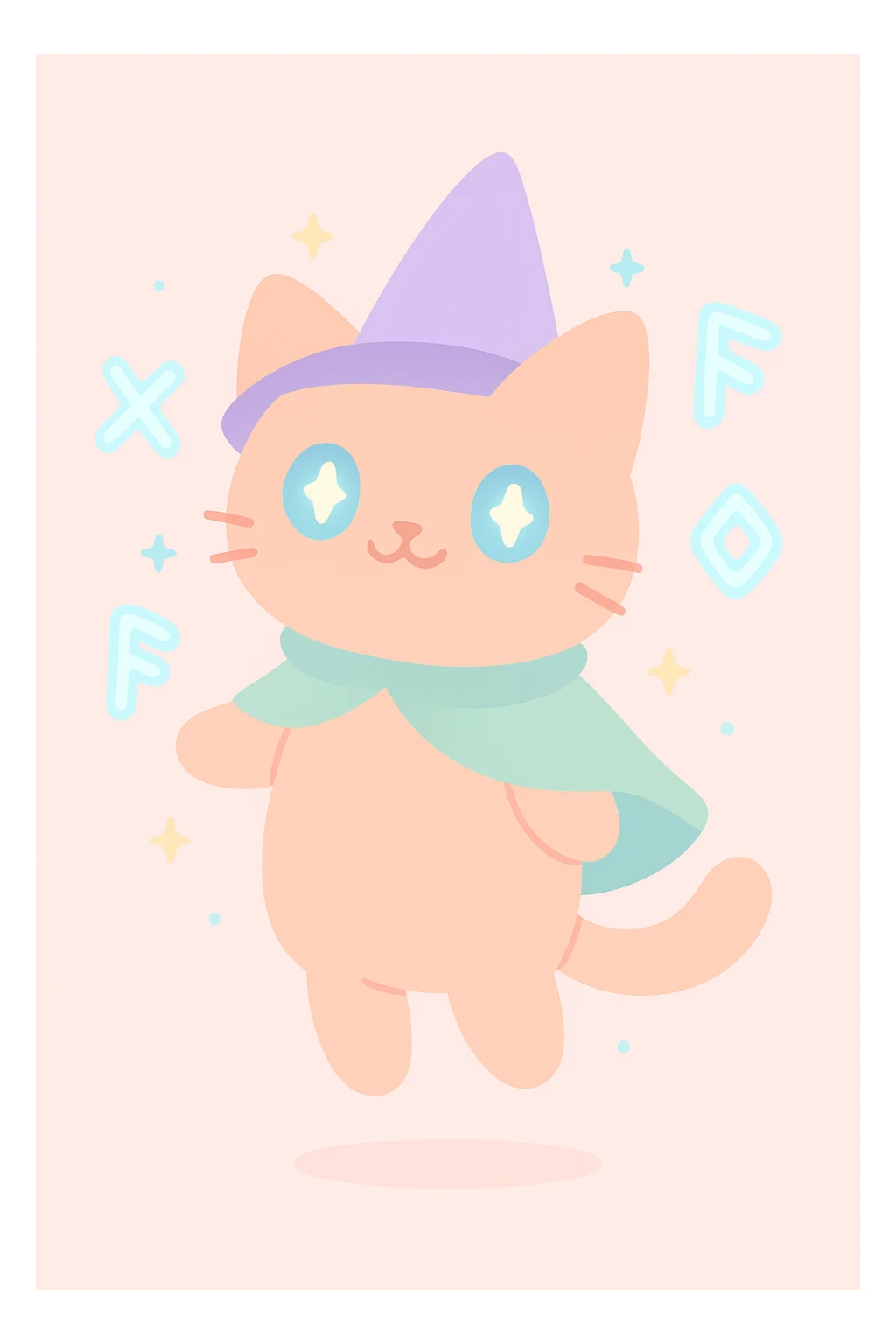 A cat wizard floating with magical runes, glowing eyes, whimsical style sticker