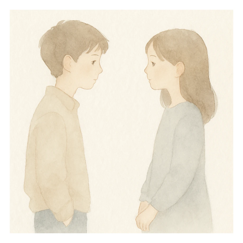 a boy looking at a girl, watercolor art style sticker