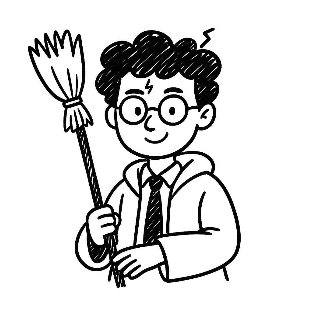 Add a broomstick to Harry Potter in hand-drawn doodle style, keep glasses and lightning scar sticker