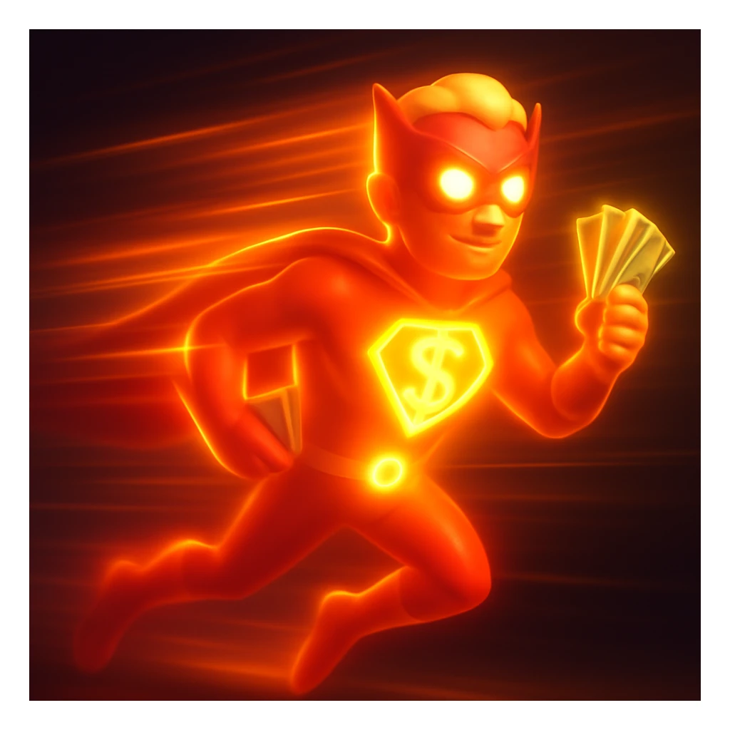 Make the superhero appear to be sprinting with glowing motion trails, blurred limbs, and streaks of light to show high velocity. The glowing money symbol should be prominent and eye-catching. sticker