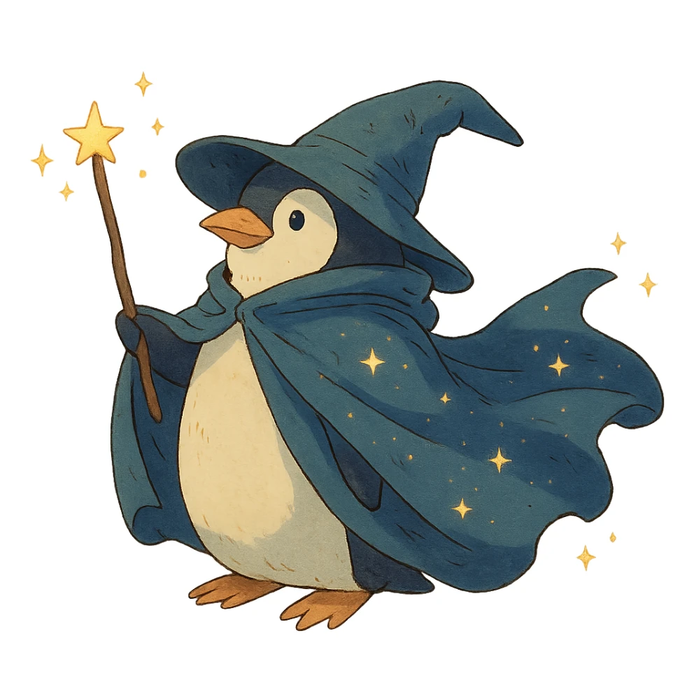 ghibli style penguin wizard with a flowing cloak and sparkles sticker