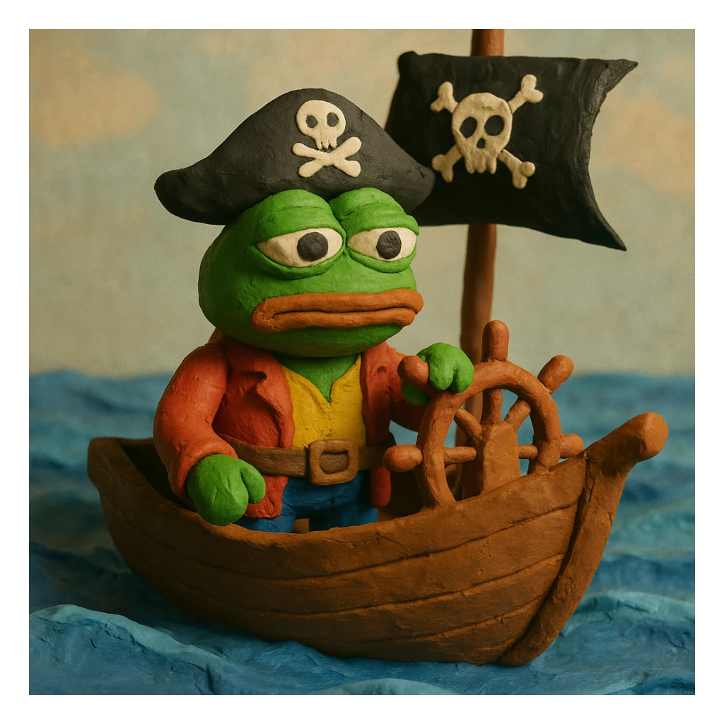 Pepe the Frog dressed as a pirate, sailing on a pirate ship in the ocean, claymation style sticker