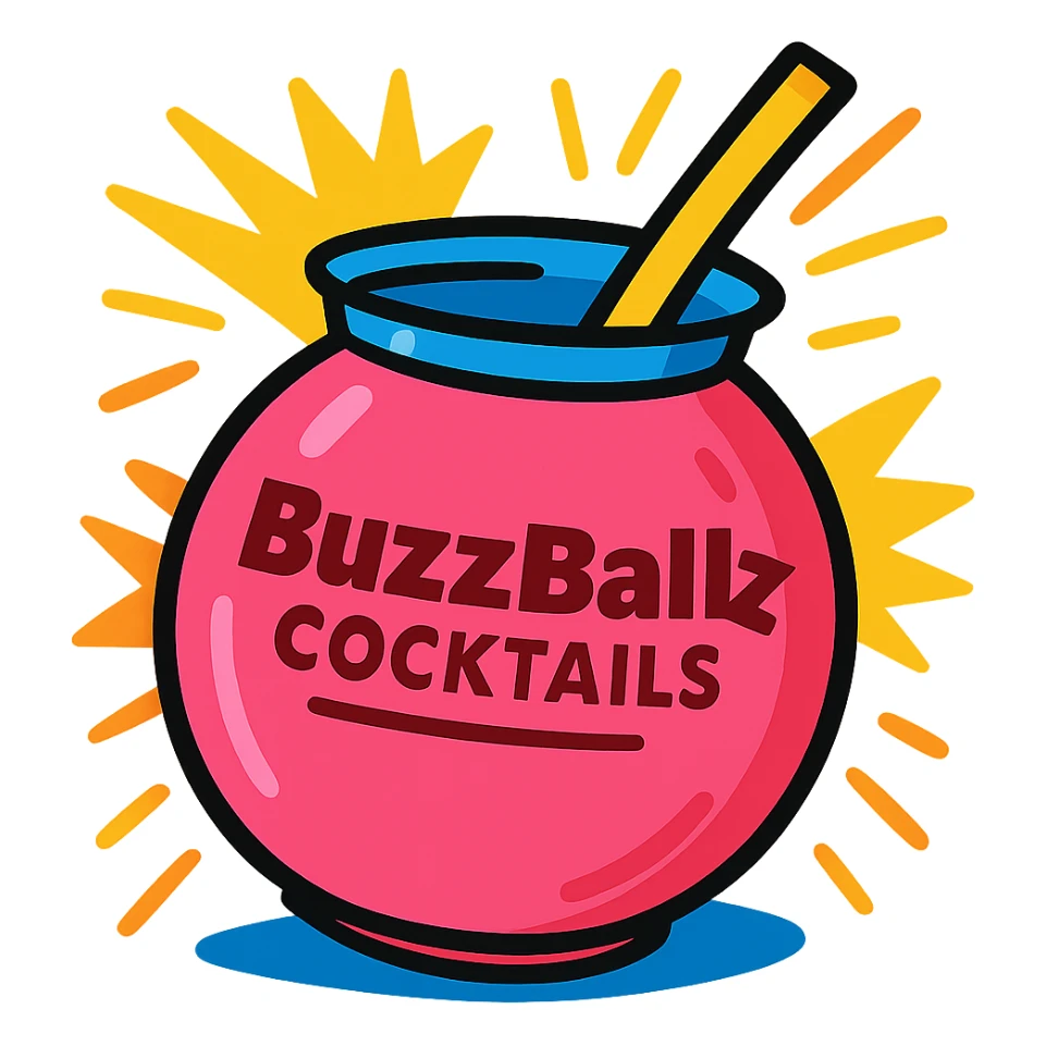 a big pink BuzzBallz drink, exaggerated size, energetic and lively sticker
