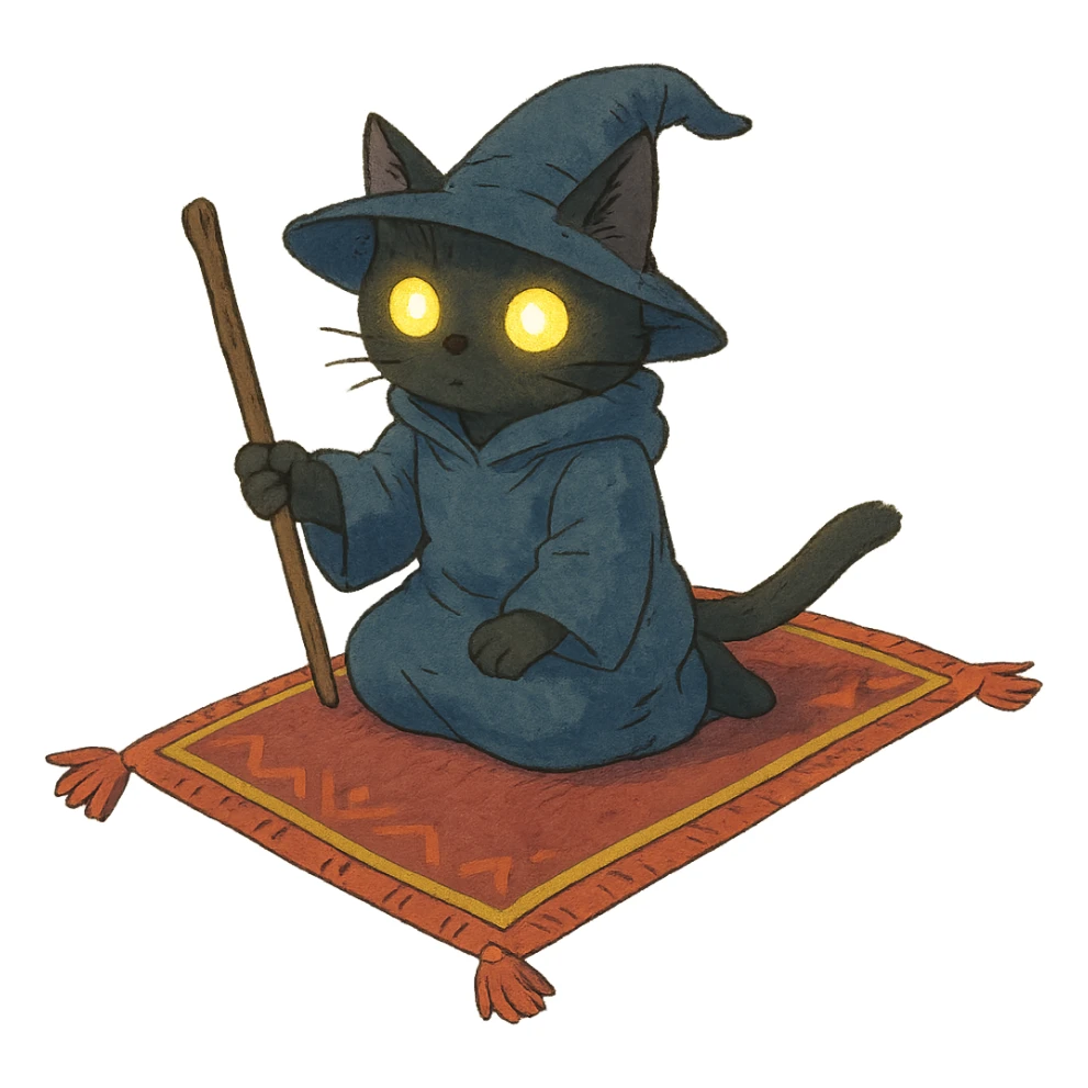 fantasy wizard cat with glowing eyes on a flying carpet, ghibli style sticker