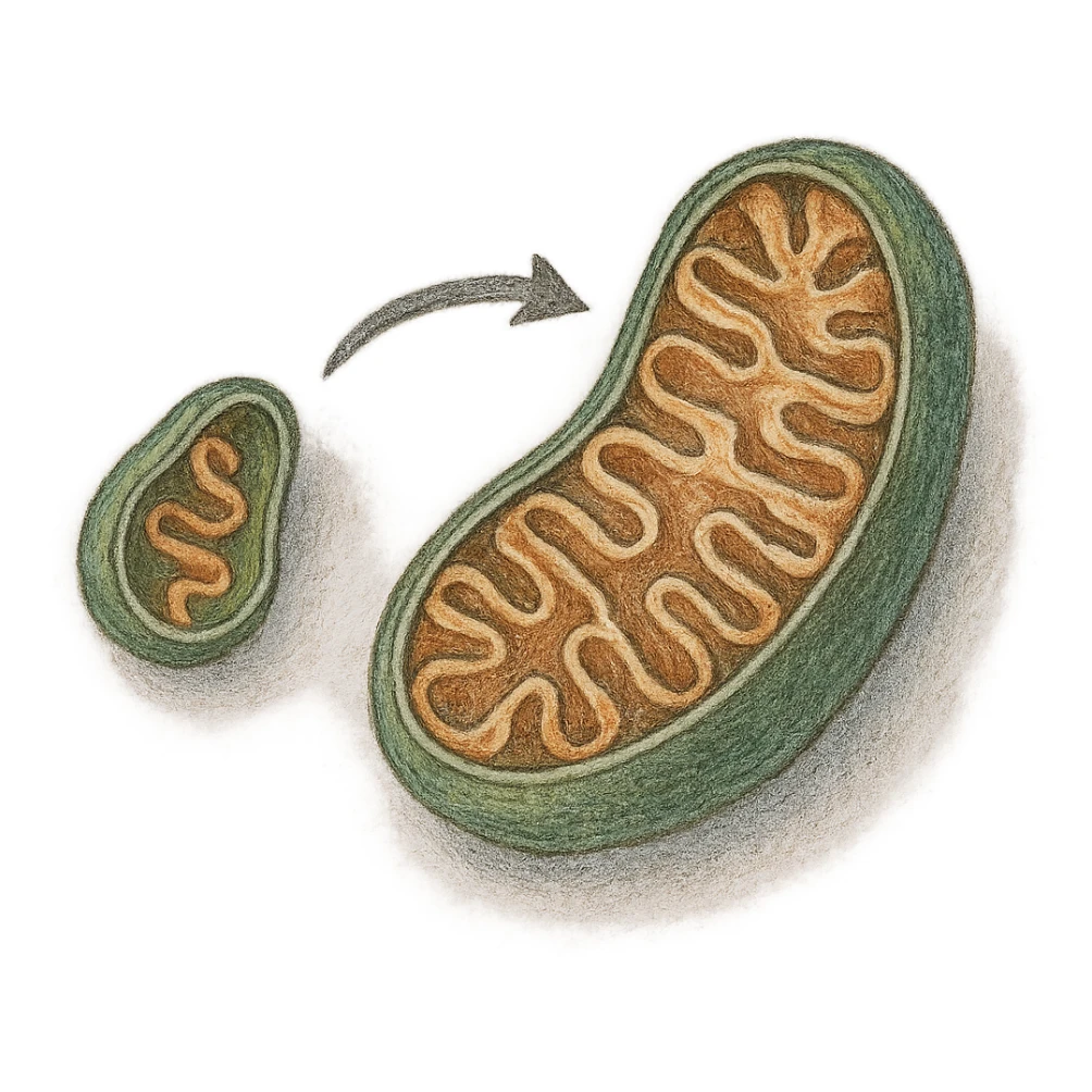 realistic colored drawing of mitochondrial biogenesis step 1: formation and growth of a new mitochondrion, visible texture on white paper, isolated on white background sticker