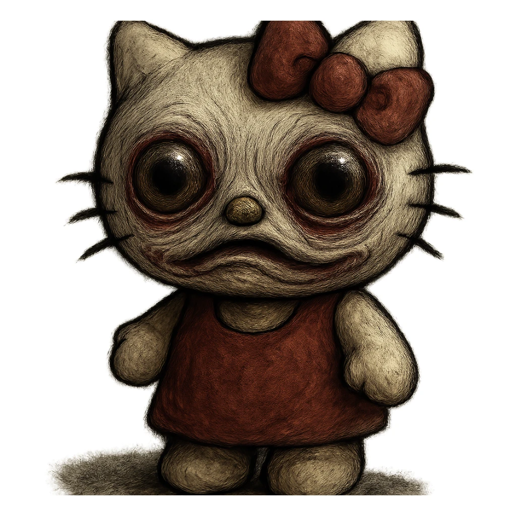uncanny Hello Kitty with distorted face and unusual eyes, unsettling vibe sticker