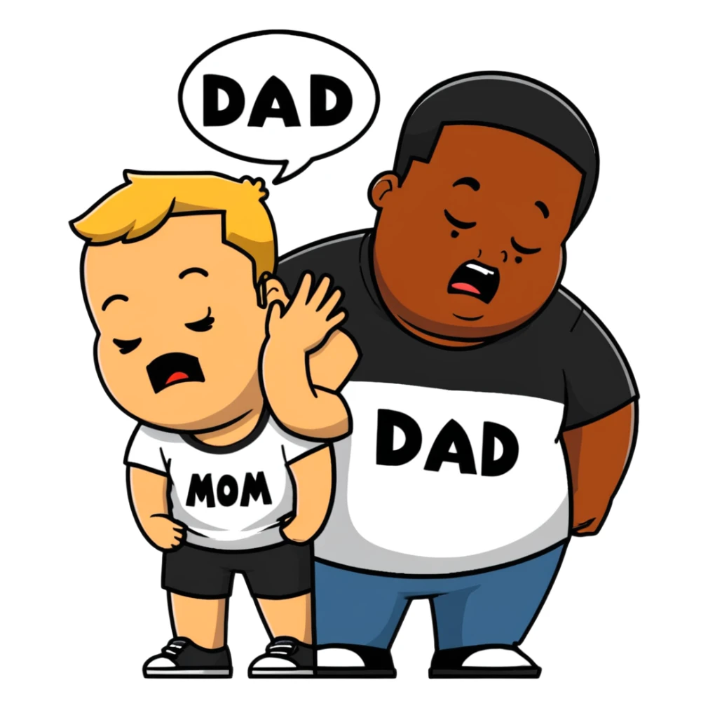 A fat short guy in a black hoodie with a ponytail is crying. Behind him are two black men, one wearing a white t-shirt with "MOM" text, the other wearing a white t-shirt with "DAD" text. sticker