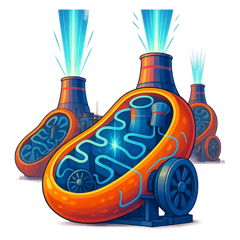 mitochondria as futuristic nuclear power plants, visible energy beams and turbines, bright colors, modern illustrative style inspired by DALL·E 3, clear background, focus on mitochondria-nuclear power plant only sticker