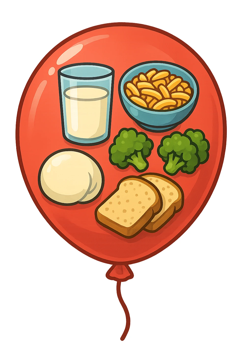 PALLONCINO ROSSO CON DENTRO UNA MOZZARELLA, UN BICCHIERE DI LATTE, UNA BOWL DI PASTA, QUALCHE BROCCOLO, QUALCHE FETTINA DI PANE sticker