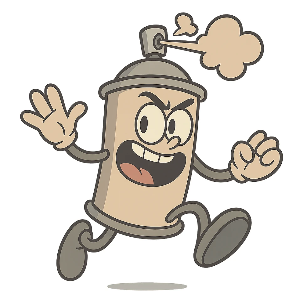cartoon spray can with exaggerated proportions, fun and dynamic sticker