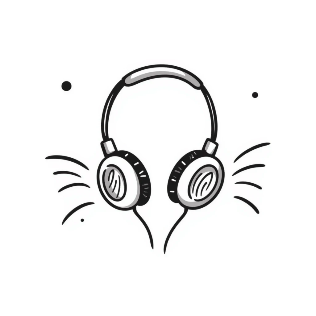Hand-drawn sketch of DJ headphones with music waves sticker