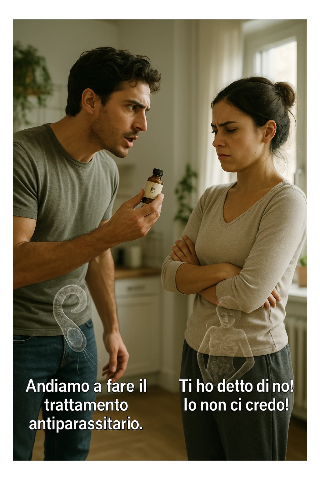 A highly realistic, cinematic photo of a young couple in their early 30s having an argument in a bright modern kitchen. The man, athletic build, wearing a casual T-shirt and jeans, is speaking firmly with a raised hand holding a small amber glass bottle labeled with a subtle herbal symbol, saying 'Andiamo a fare il trattamento antiparassitario' with a determined expression. The woman, with long dark hair tied in a messy bun, casual home outfit, crosses her arms with an angry, defensive expression, replying 'Ti ho detto di no! Io non ci credo!' while slightly turning away. Tension is visible in their body language, with the man leaning forward trying to explain and the woman leaning back, her eyebrows furrowed. Around them, subtle ghostly overlays of microscopic parasites are faintly visible near their abdominal areas, symbolizing the hidden reason for the argument. The kitchen is bright and modern with plants and natural light, contrasting the emotional tension. The style is hyperrealistic with warm tones and shallow depth of field focusing on their facial expressions, illustrating the conflict between belief in natural treatments and skepticism within the couple regarding hidden parasitic infections. in italiano sticker