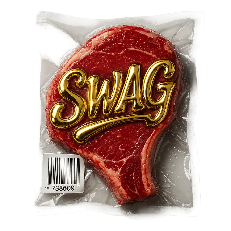 steak with gold cursive 'SWAG' lettering, shiny and inflated sticker