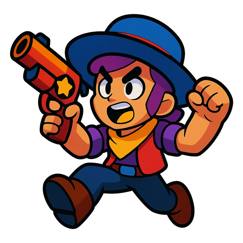 Brawl Stars character in a dynamic pose, vibrant colors, cartoon style sticker