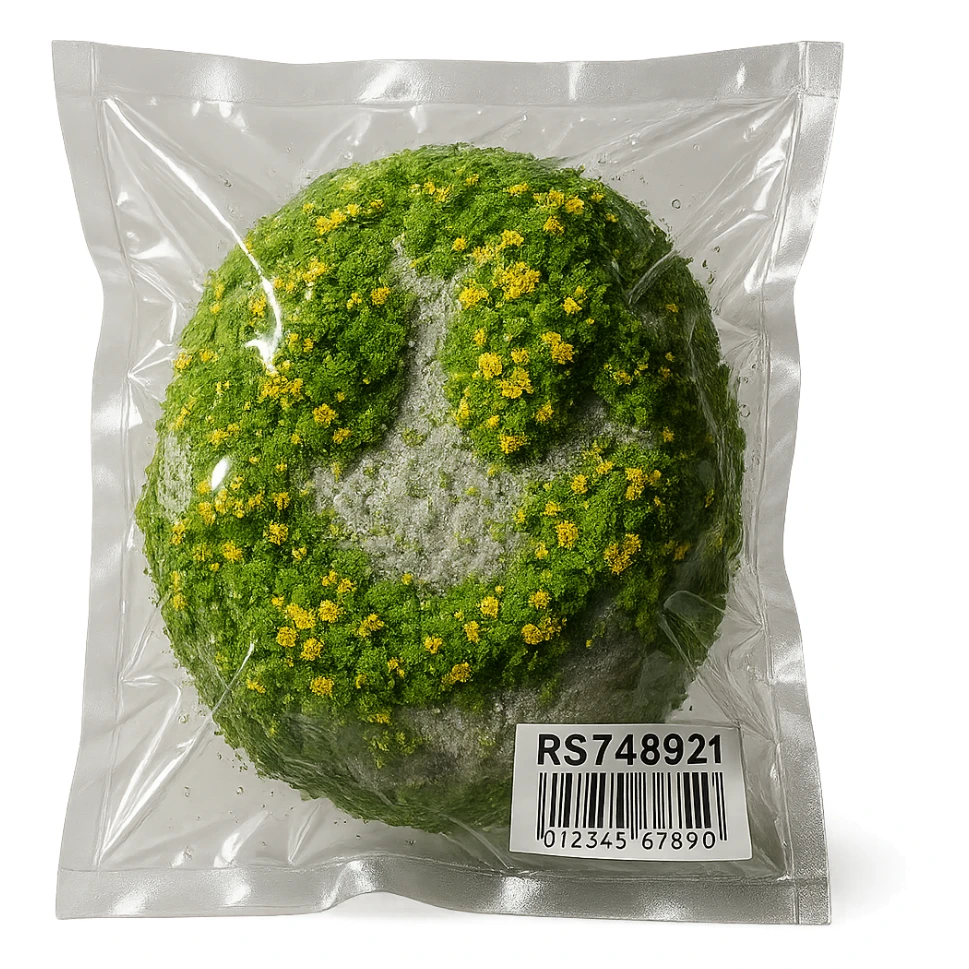 light gray rock, covered in green moss with clusters of small bright flowers, glossy sticker