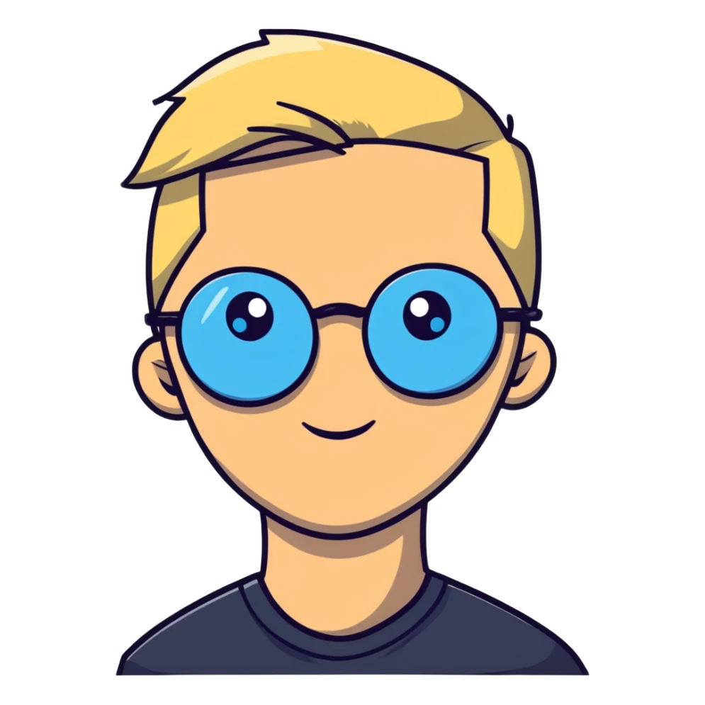 Man with blonde ponytail, round glasses and blue eye sticker