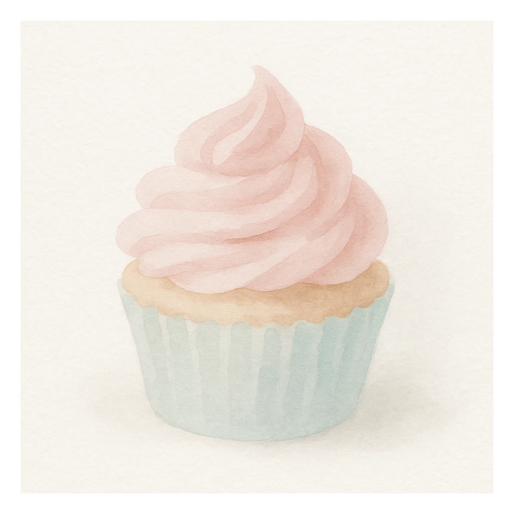 cupcake with pink icing, soft and delicate, watercolor art style sticker