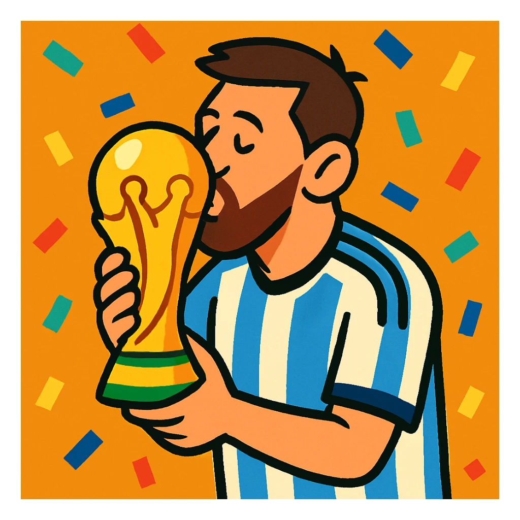 Cartoon Messi kissing the World Cup trophy, confetti falling, blue and white jersey sticker