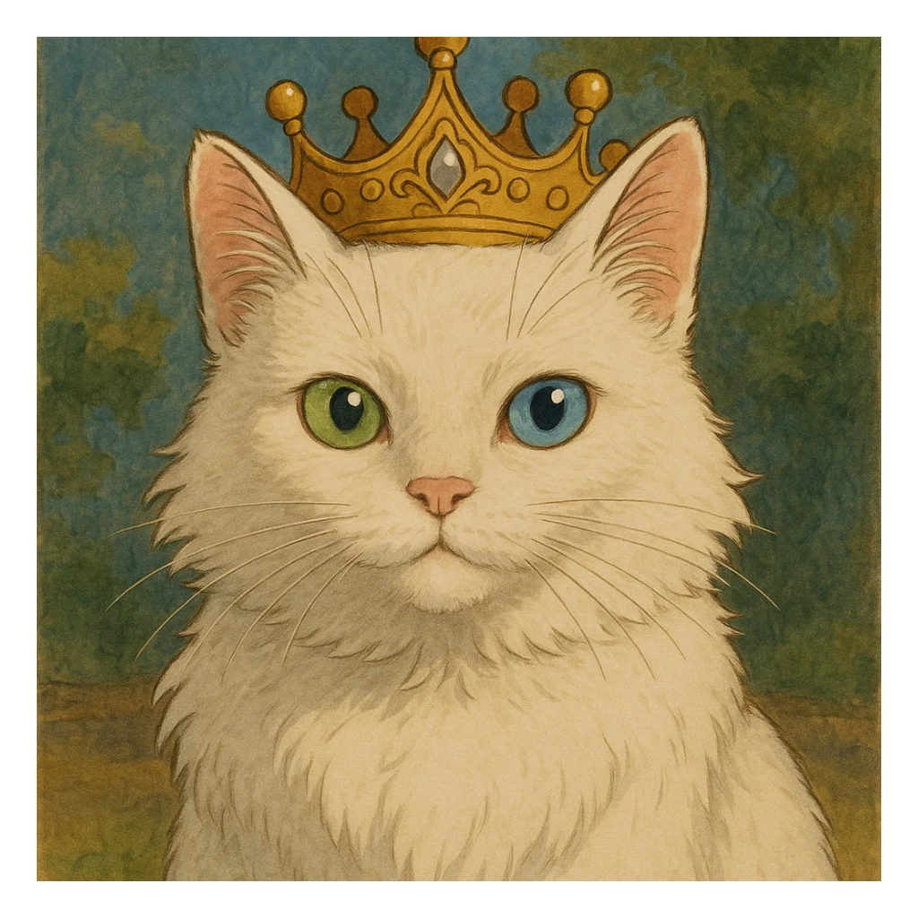 realistic white cat with one green eye and one blue eye, wearing a princess crown sticker
