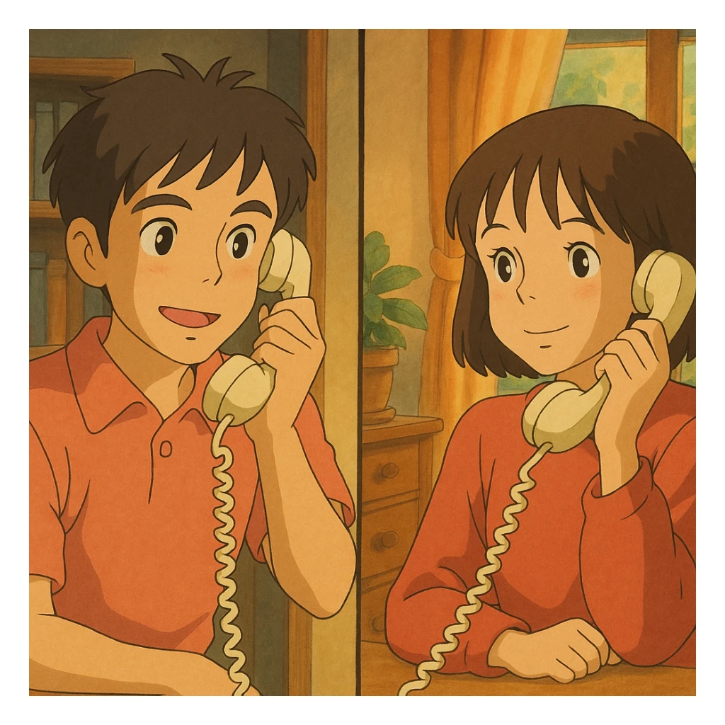 two people communicating on a land line phone, each holding a receiver, ghibli style, warm and inviting sticker