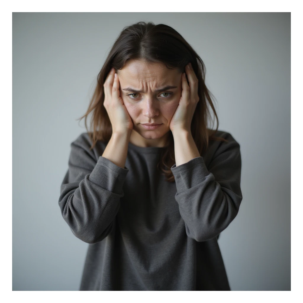 woman standing, very tired appearance, dull eyes, dark circles, slouched posture, hands on temples or holding head, signs of chronic fatigue, vertical 9:16 format, hyperrealistic 4K details, isolated white background sticker
