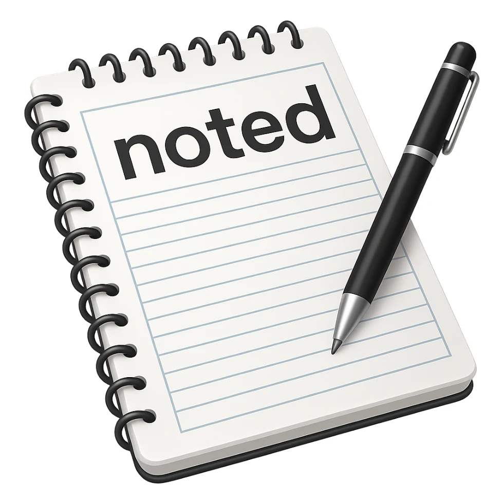 Add the word 'noted' in a clear, simple font integrated with the apple style emoji. Keep the apple emoji style look and ensure no background (transparent). sticker